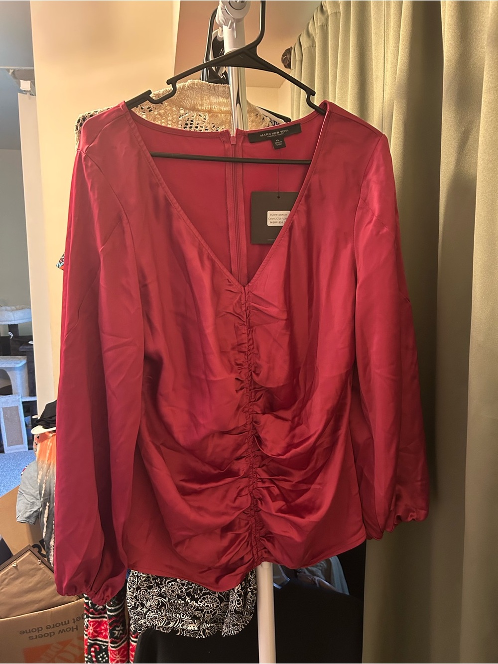 Andrew Marc Satin Ruched V-Neck Blouse